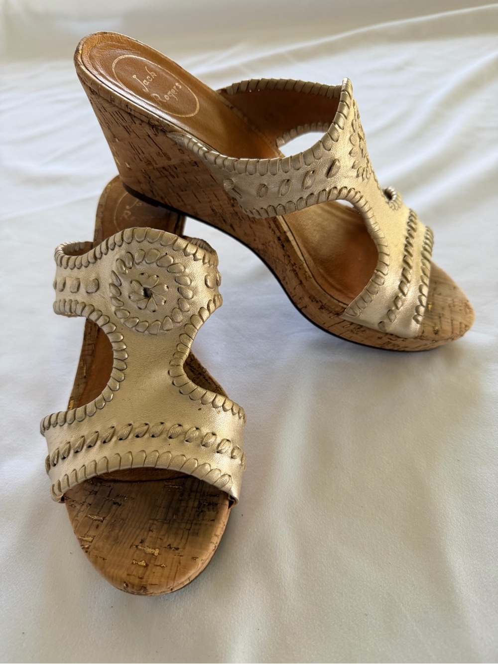 Jack Rogers Emilia Metallic Gold Leather Cork Wedge Sandals Slides Women Size 9